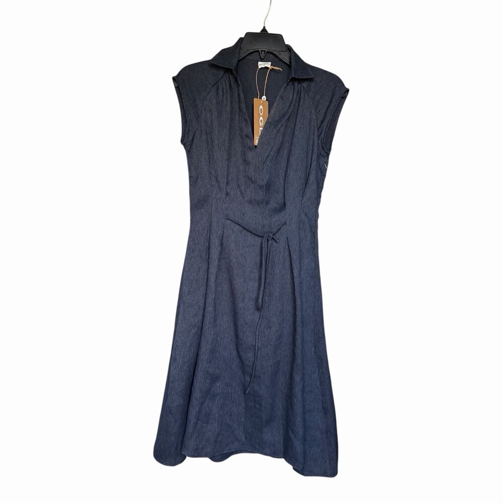 OGL Denim Look Midi Dress Collared Tie Waist Linen Blend NWT Extra Small - Picture 14 of 14